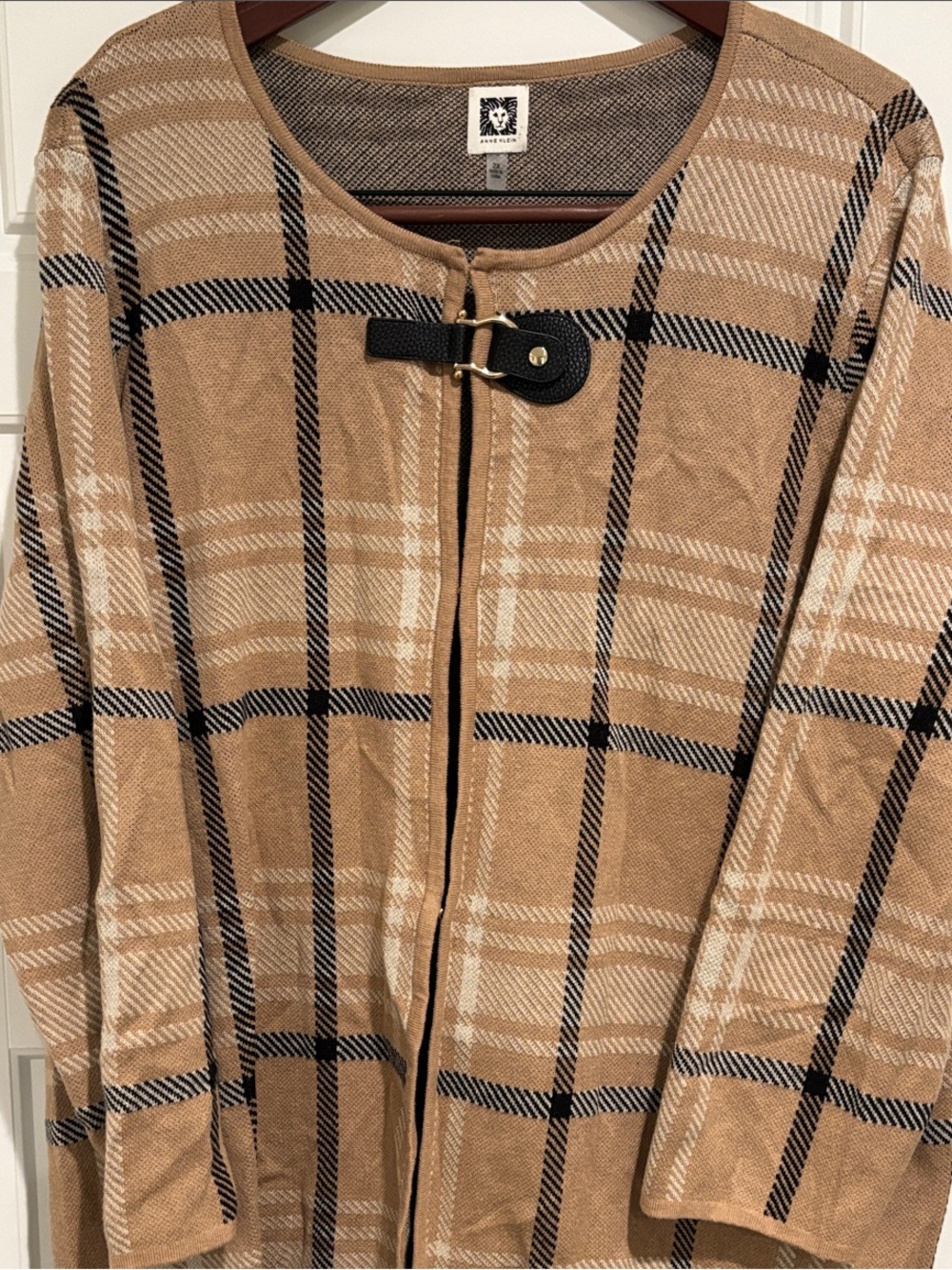 Anne Klein Camel Plaid Coat with Black Trim Buckle